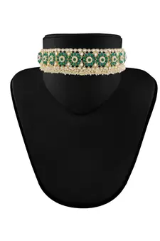 Gold Plated Traditional Green Kundan & Pearl Studded Choker Necklace Jewellery Set For WomenGirls 