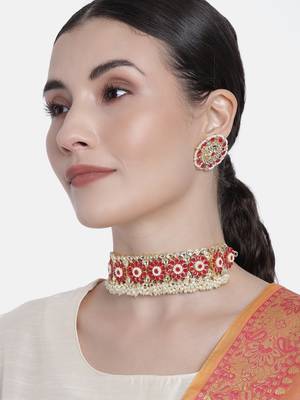 Traditional Ruby Kundan & Pearl Studded Choker Necklace Jewellery Set For WomenGirls  1