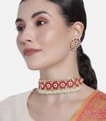 Traditional Ruby Kundan & Pearl Studded Choker Necklace Jewellery Set For WomenGirls 