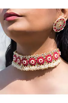 Traditional Ruby Kundan & Pearl Studded Choker Necklace Jewellery Set For WomenGirls 
