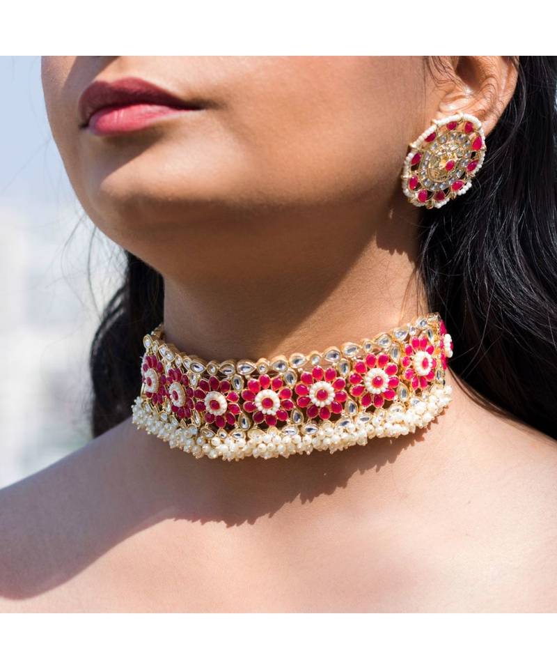 Traditional Ruby Kundan & Pearl Studded Choker Necklace Jewellery Set For WomenGirls 