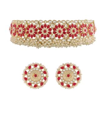 Traditional Ruby Kundan & Pearl Studded Choker Necklace Jewellery Set For WomenGirls  3