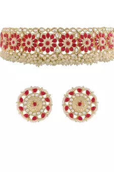 Traditional Ruby Kundan & Pearl Studded Choker Necklace Jewellery Set For WomenGirls 