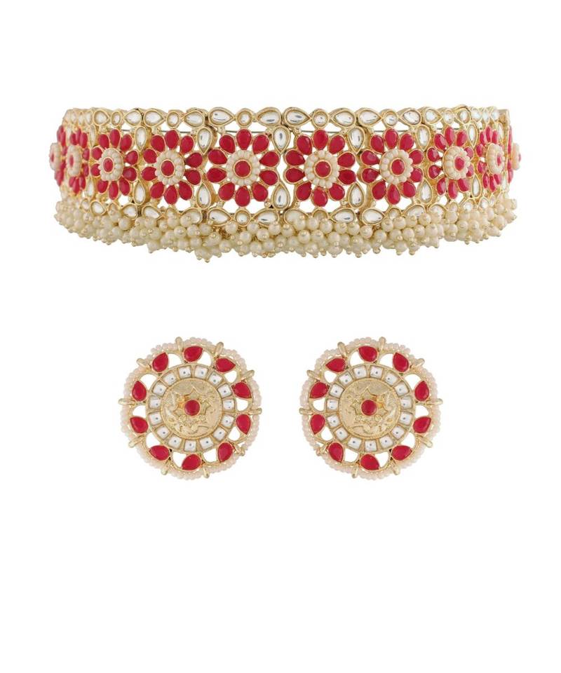 Traditional Ruby Kundan & Pearl Studded Choker Necklace Jewellery Set For WomenGirls 
