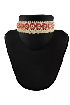 Traditional Ruby Kundan & Pearl Studded Choker Necklace Jewellery Set For WomenGirls 