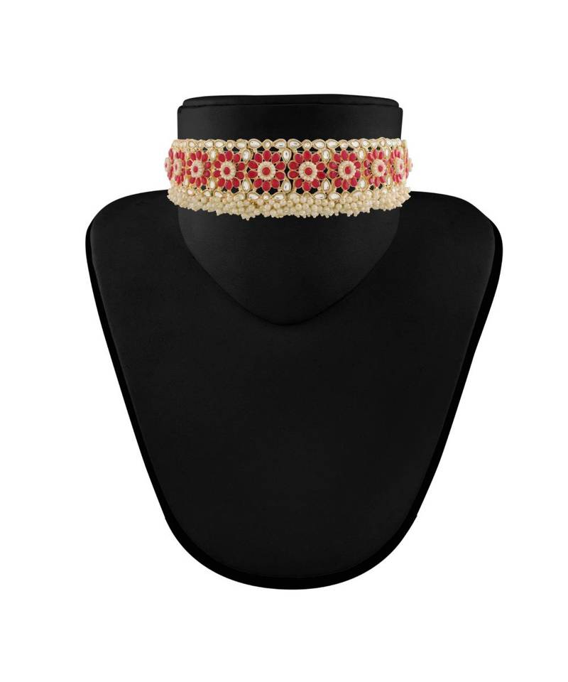 Traditional Ruby Kundan & Pearl Studded Choker Necklace Jewellery Set For WomenGirls 