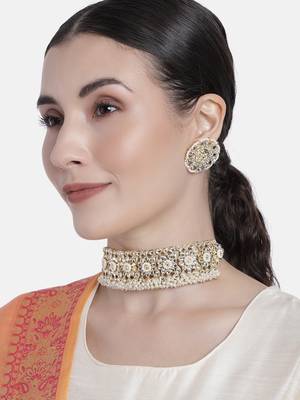 Traditional White Kundan & Pearl Studded Choker Necklace Jewellery Set For WomenGirls  1