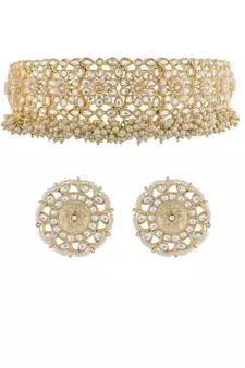 Traditional White Kundan & Pearl Studded Choker Necklace Jewellery Set For WomenGirls 