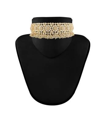 Traditional White Kundan & Pearl Studded Choker Necklace Jewellery Set For WomenGirls  4