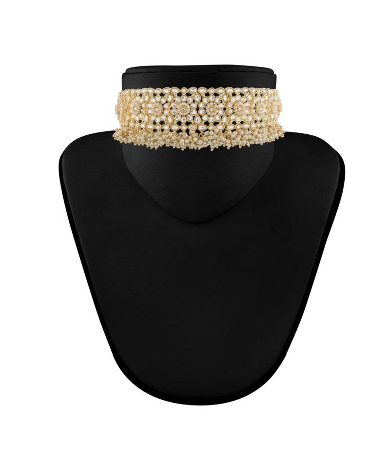 Traditional White Kundan & Pearl Studded Choker Necklace Jewellery Set For WomenGirls 
