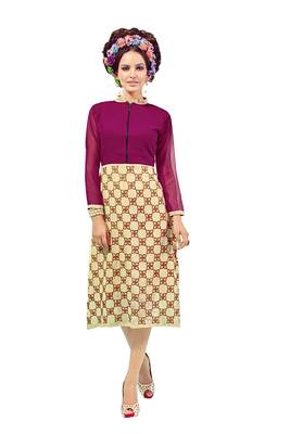 Beige Embroidered Georgette Embroidered-Kurtis 1