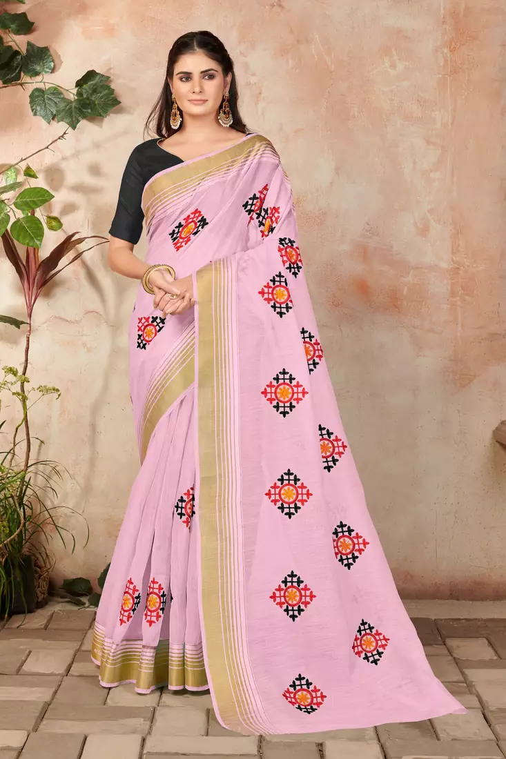 Pink embroidered cotton saree with blouse