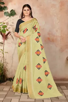 Yellow embroidered cotton saree with blouse
