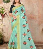 Blue embroidered cotton saree with blouse