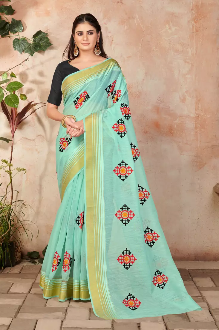 Blue embroidered cotton saree with blouse