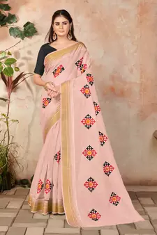 Peach embroidered cotton saree with blouse