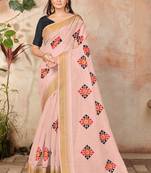 Peach embroidered cotton saree with blouse