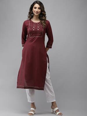 Maroon plain cotton kurtas-and-kurtis 1