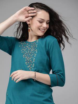 Teal-blue embroidered cotton kurtas-and-kurtis 1