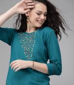 Teal-blue embroidered cotton kurtas-and-kurtis