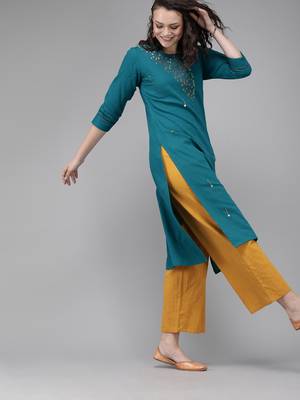 Teal-blue embroidered cotton kurtas-and-kurtis 2
