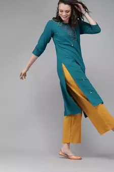 Teal-blue embroidered cotton kurtas-and-kurtis