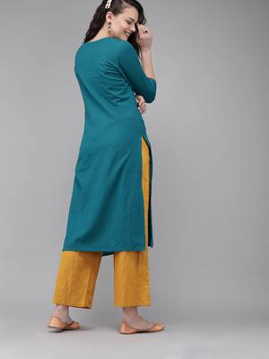 Teal-blue embroidered cotton kurtas-and-kurtis 3