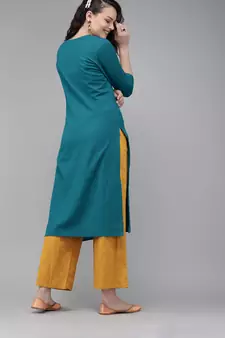 Teal-blue embroidered cotton kurtas-and-kurtis