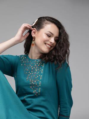 Teal-blue embroidered cotton kurtas-and-kurtis 4