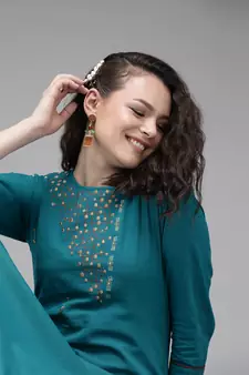 Teal-blue embroidered cotton kurtas-and-kurtis
