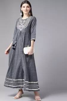 Grey embroidered cotton kurtas-and-kurtis