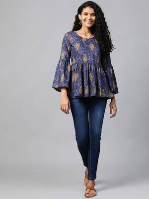 Navy-blue printed cotton cotton-tops 1