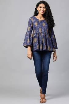 Navy-blue printed cotton cotton-tops