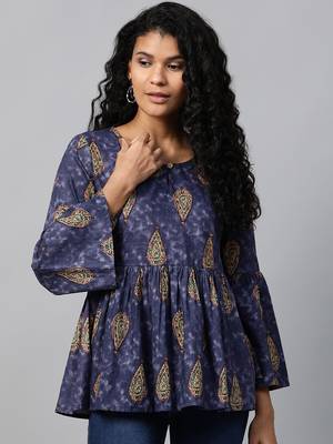 Navy-blue printed cotton cotton-tops 2