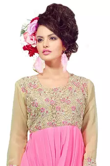 Beige Embroidered Georgette Embroidered-Kurtis