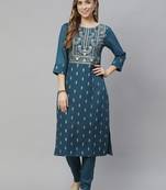 Teal printed rayon kurtas-and-kurtis