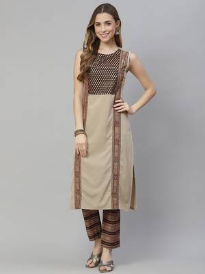 Beige printed crepe kurtas-and-kurtis 1