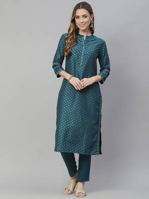 Teal printed art silk kurtas-and-kurtis 1