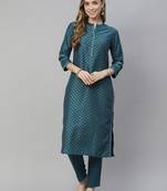 Teal printed art silk kurtas-and-kurtis