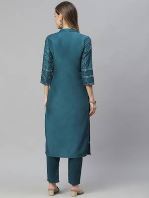 Teal printed art silk kurtas-and-kurtis 3