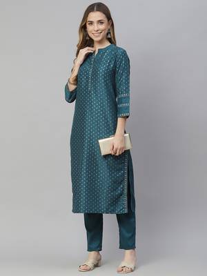 Teal printed art silk kurtas-and-kurtis 5