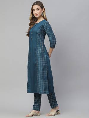 Teal printed art silk kurtas-and-kurtis 2