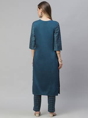 Teal printed art silk kurtas-and-kurtis 3