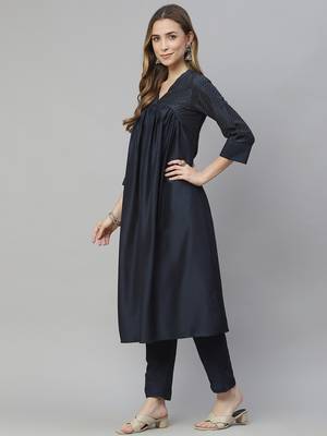 Navy-blue printed art silk kurtas-and-kurtis 2