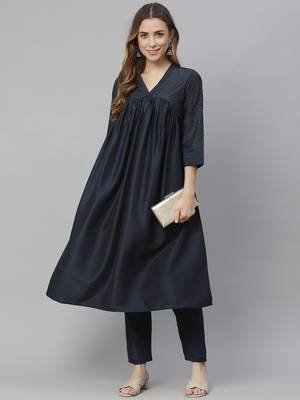 Navy-blue printed art silk kurtas-and-kurtis 5