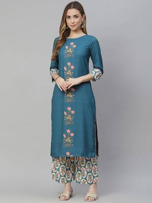 Teal printed rayon kurtas-and-kurtis 1
