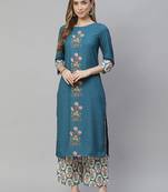 Teal printed rayon kurtas-and-kurtis