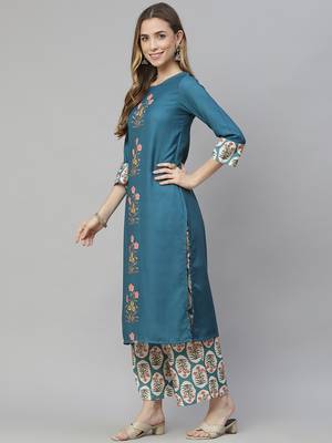 Teal printed rayon kurtas-and-kurtis 2