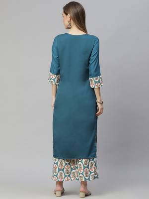 Teal printed rayon kurtas-and-kurtis 3