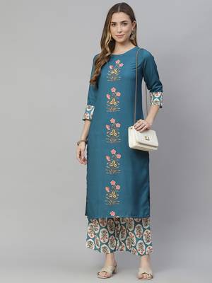Teal printed rayon kurtas-and-kurtis 5